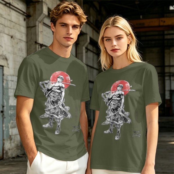 Olive T-shirt with Samurai Swordsman and Red Sun Print