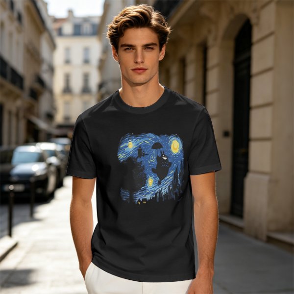 Olive T-Shirt with Starry Night Style Cat Graphic Print