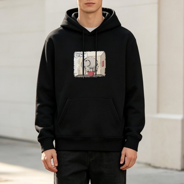 Black hoodie with cartoon elephant in bathroom graphic print