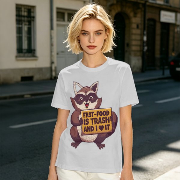 Olive t-shirt with a raccoon holding a fast food trash sign