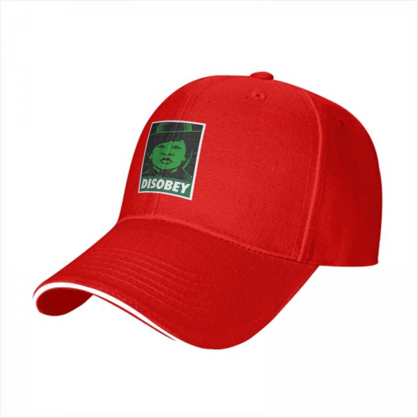 Black baseball cap with green 'DISOBEY' portrait graphic
