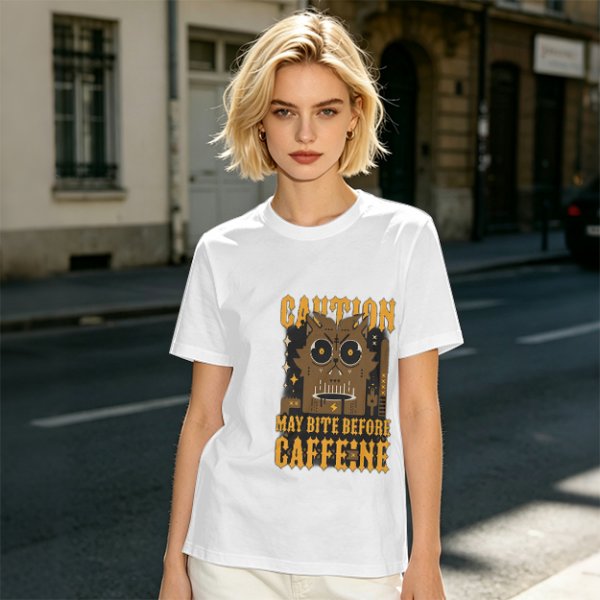 Olive Graphic T-Shirt With 'Caution May Bite Before Caffeine' Angry Cat Print