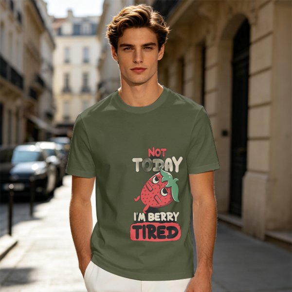 Olive T-Shirt with 'Not Today I'm Berry Tired' Strawberry Print