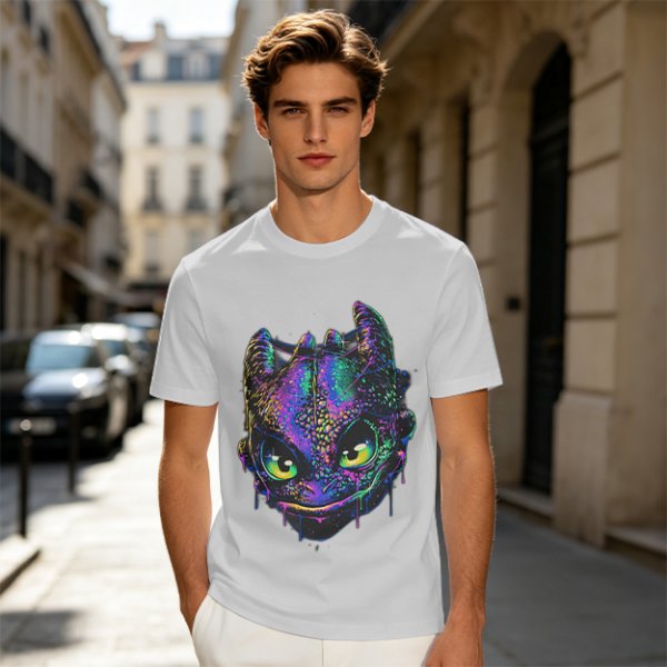 Olive T-Shirt With Neon Toothless Dragon Head Art Print