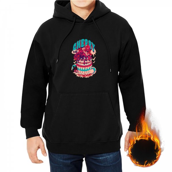Black Hoodie With Retro Cherry Cake Graphic Print