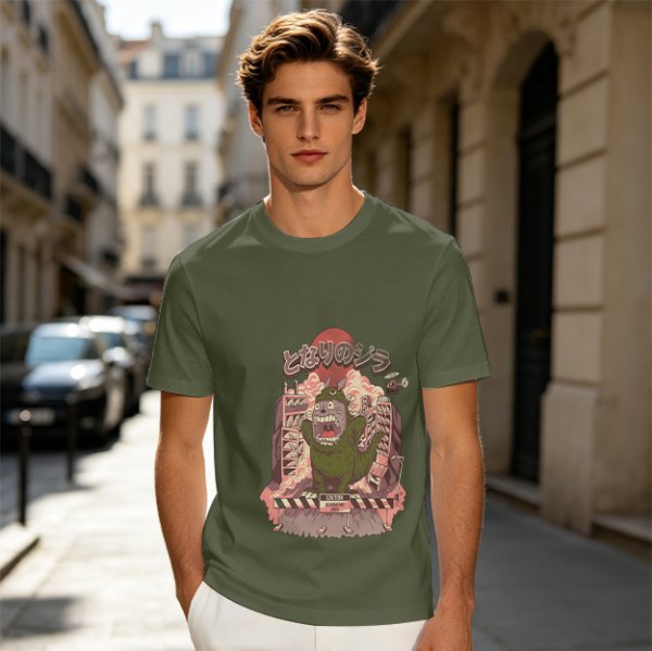 Olive T-shirt with parody monster anime graphic print