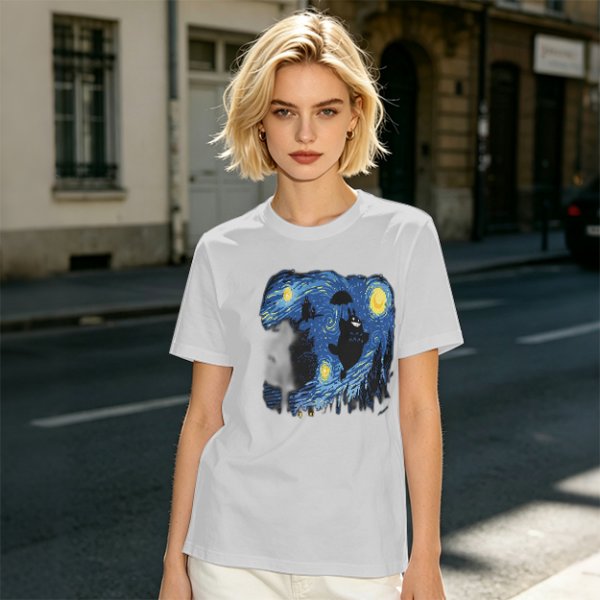Olive T-Shirt with Starry Night Style Cat Graphic Print