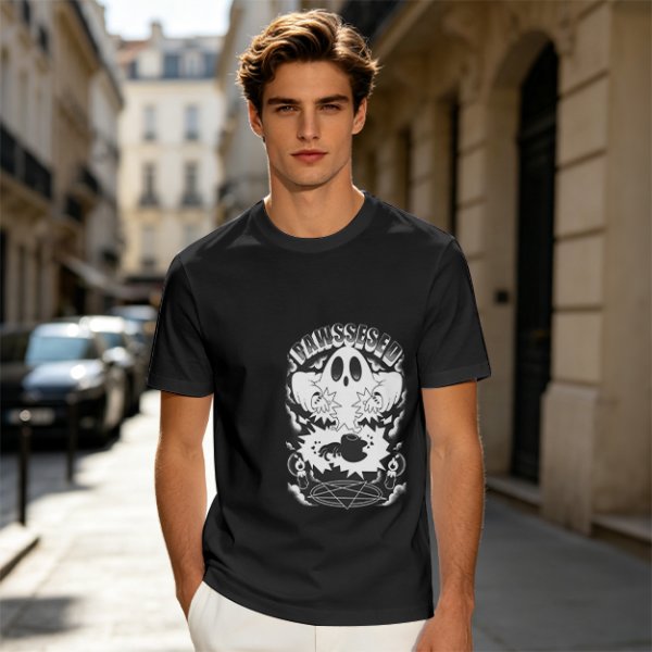 Olive T-shirt with Ghost and Occult Graphic Print
