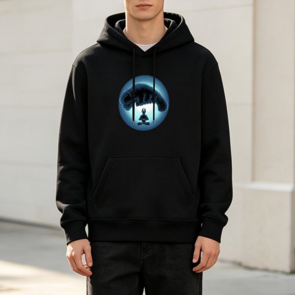 Black hoodie with glowing blue circle print featuring skeleton and large creature