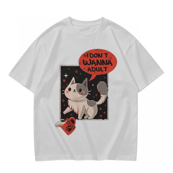 Olive cat graphic t-shirt with 'I don't wanna adult' print