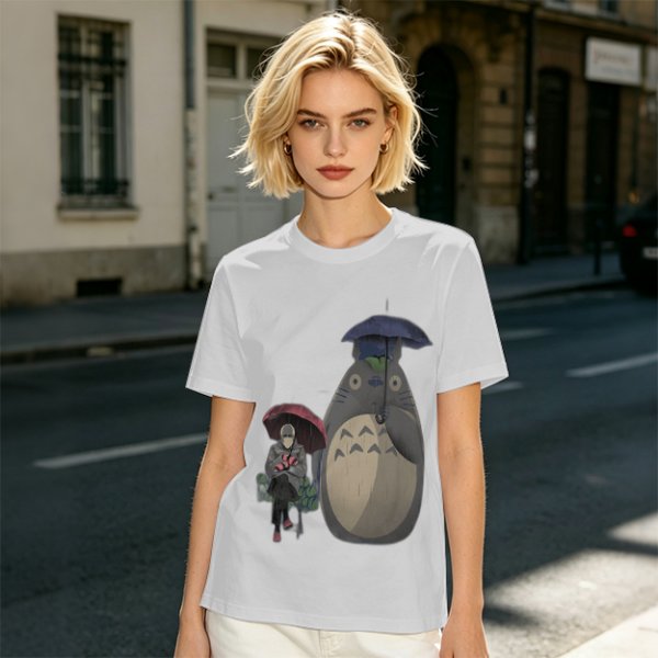 Olive T-shirt with Totoro and masked figure under umbrellas print