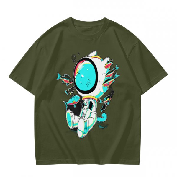 Olive T-Shirt with Astronaut Cat and Fish Graphic Print