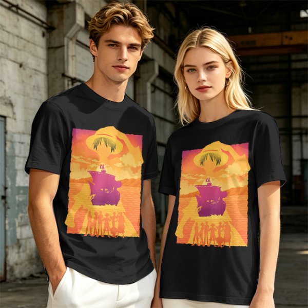 One Piece Straw Hat Crew Sunset Pirate Ship Graphic T-Shirt