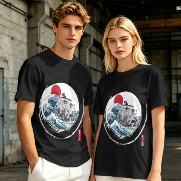 Olive T-shirt with Great Wave Enso Circle and Red Sun Print