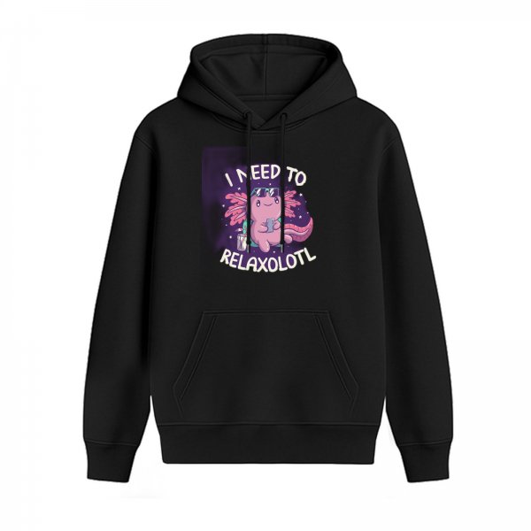 Black Hoodie With Cute Axolotl Relaxolotl Graphic Print