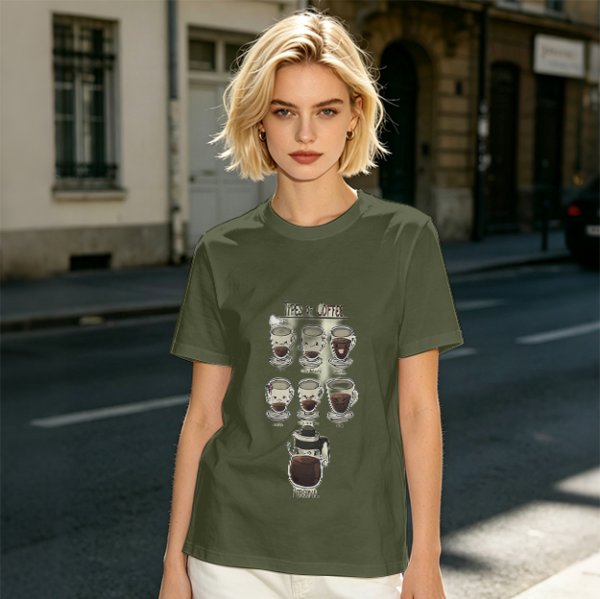 Olive Green T-Shirt With Cute Cartoon Coffee Cups Graphic