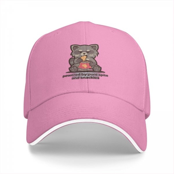 Black baseball cap with cute raccoon snacking and 'powered by pure snacks' text