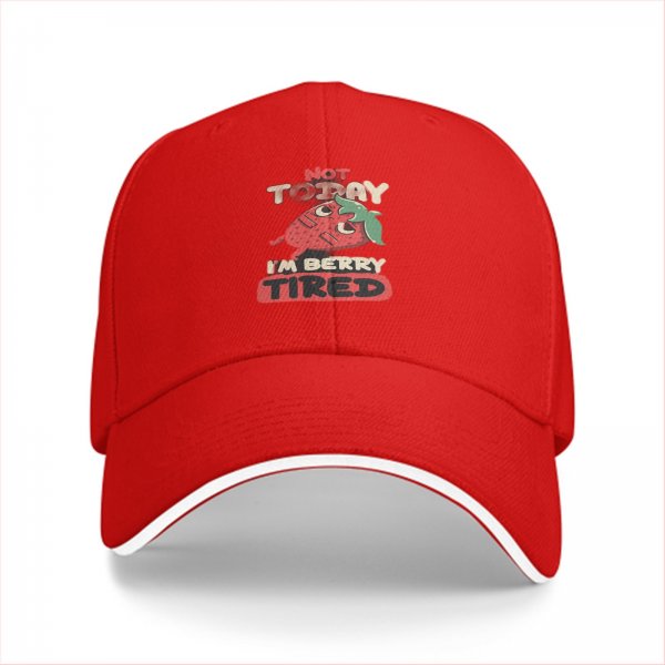 Black baseball cap with 'Not Today I'm Berry Tired' strawberry graphic