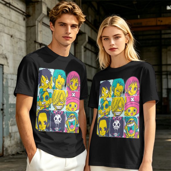Olive T-shirt with One Piece x Simpsons Style Character Grid Print