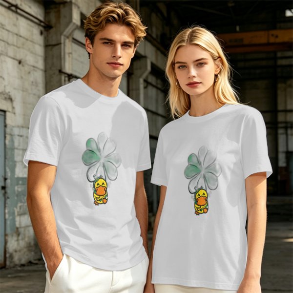 Olive T-shirt with Cute Duck Holding Four-Leaf Clover Print