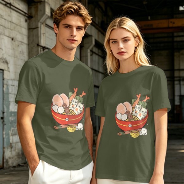 Olive T-Shirt With Cute Cat Ramen Bowl Graphic Print