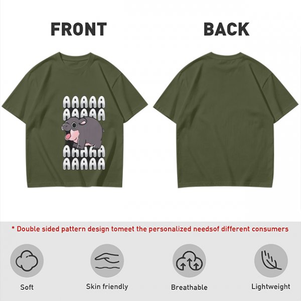 Olive t-shirt with screaming baby hippo and repeated A text