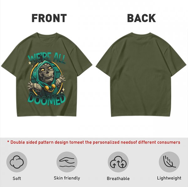 Olive T-Shirt Featuring 'We're All Doomed' and Doom Character Art