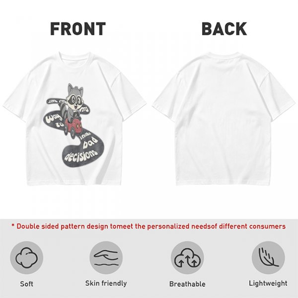 Olive graphic tee with raccoon driving car and 'Way to make bad decisions' text