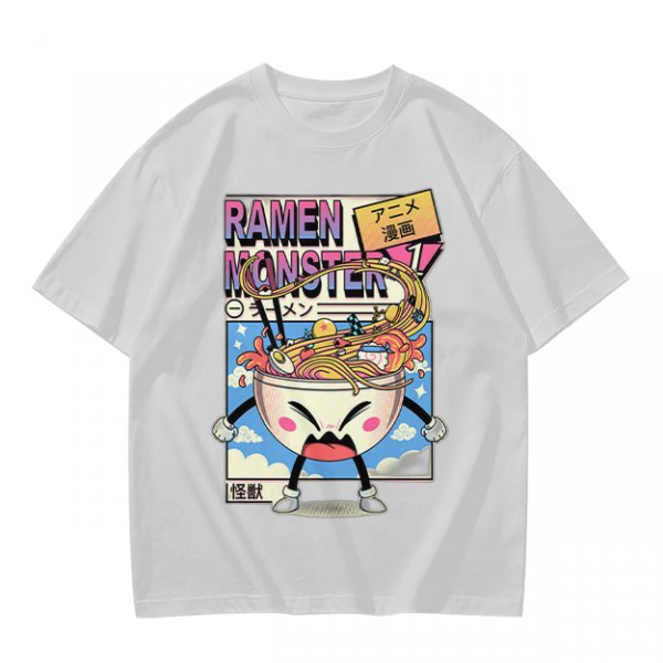 Olive green t-shirt with ramen monster anime graphic print