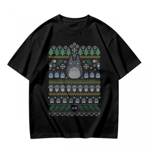 Olive T-Shirt With Totoro Ugly Christmas Sweater Style Print
