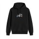 Black hoodie with small colorful cartoon character graphic on chest