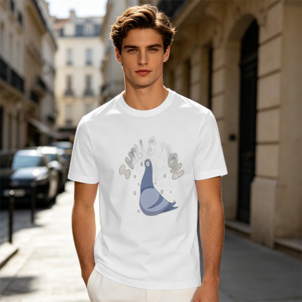 Olive green graphic t-shirt with cartoon pigeon print