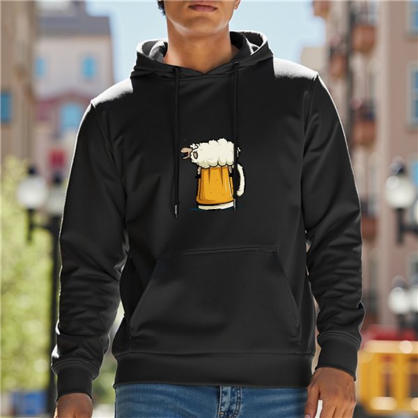 Black Hoodie With Beer Sheep Graphic Print