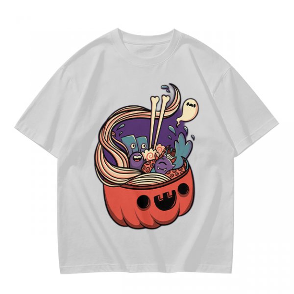 Halloween pumpkin ramen bowl with cute monster graphic t-shirt