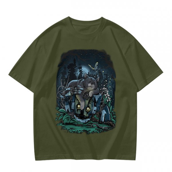 Olive Green T-Shirt With Night Graveyard Cat Illustration