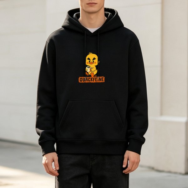 Black Hoodie With Cute Duck Holding Coffee Quackfeine Print