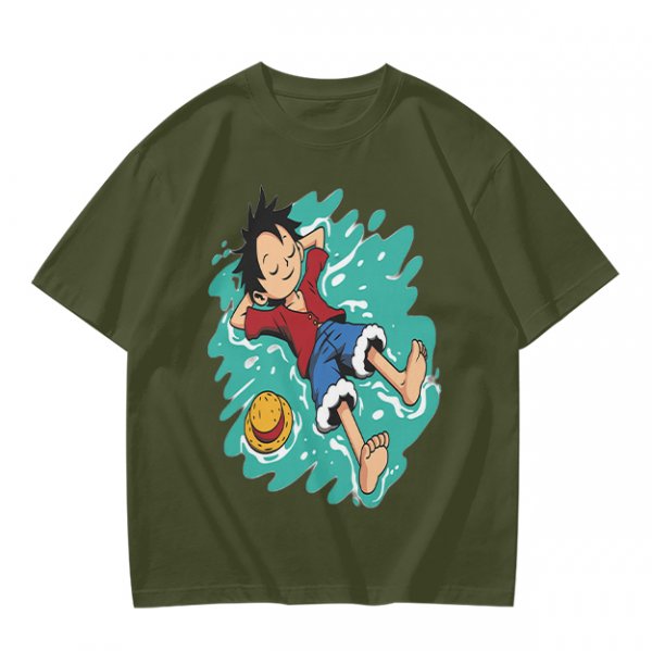 Olive anime t-shirt with Luffy relaxing in water print