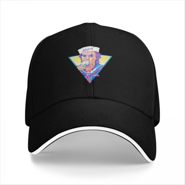 Black baseball cap with Stranger Things Steve Harrington Scoops Ahoy graphic