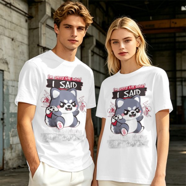 Olive t-shirt with angry gaming wolf graphic and funny apology text
