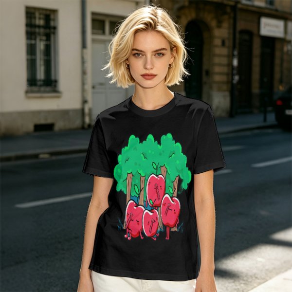 Olive T-Shirt With Cartoon Anthropomorphic Apples In Forest Print