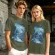 Olive Green T-Shirt With Abstract Blue Water-Inspired Print