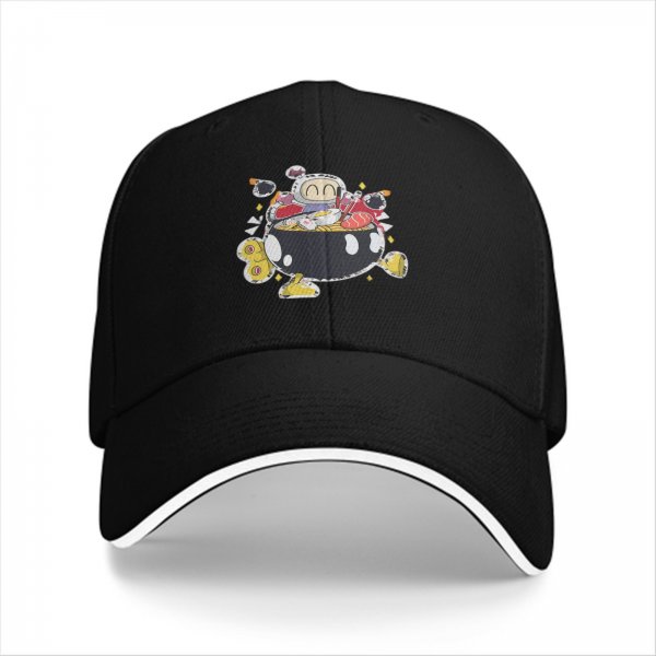 Black baseball cap with cute cartoon character in ramen bowl print