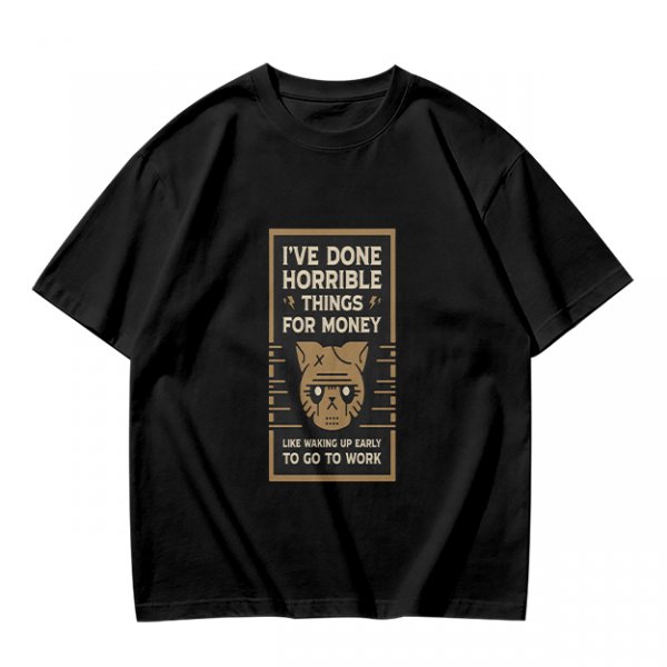 Olive T-Shirt With 'I've Done Horrible Things For Money' Cat Work Print