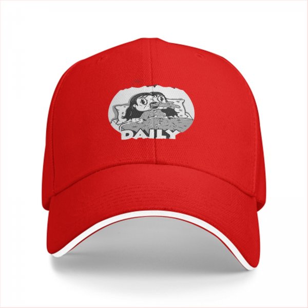 Black baseball cap with grayscale horror girl in bed graphic and DAILY text