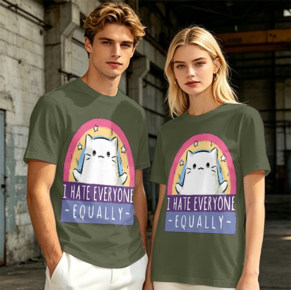 Olive graphic t-shirt with a white cat and 'I hate everyone equally' print