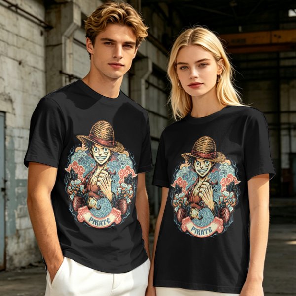 Olive T-Shirt Featuring Monkey D. Luffy Pirate Anime Art