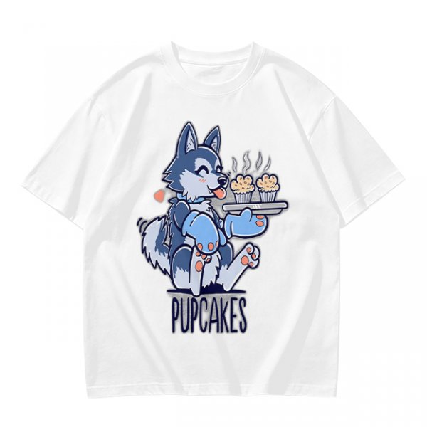 Olive green t-shirt with a husky holding pupcakes graphic