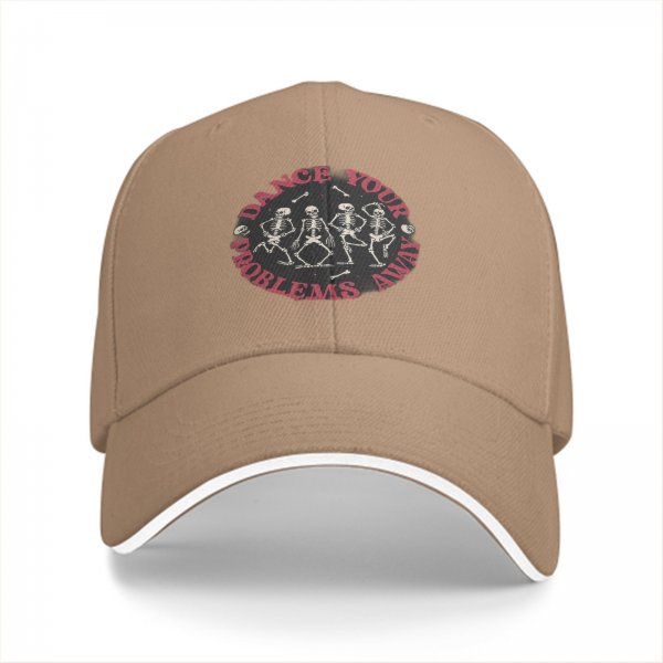 Black baseball cap with dancing skeletons and 'Dance Your Problems Away' text