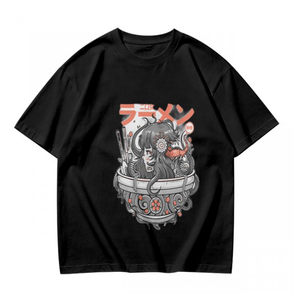 Olive Green T-Shirt with Japanese Ramen Themed Anime Art Print