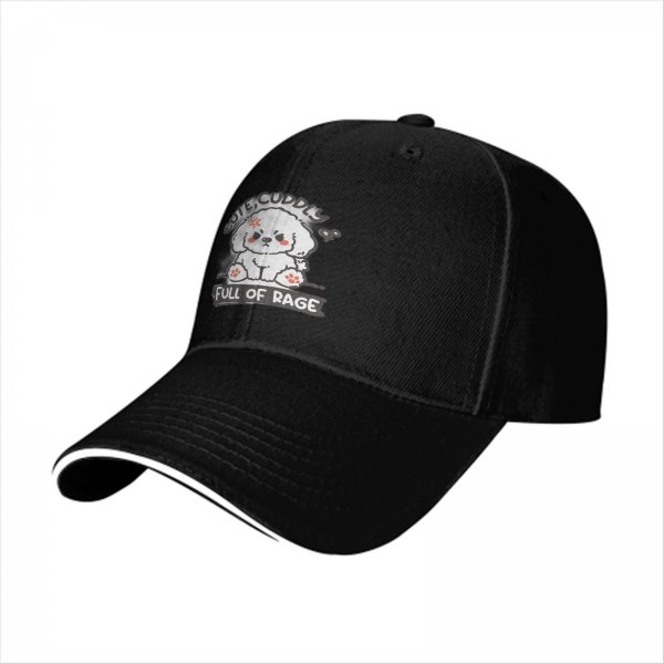 Black Baseball Cap With Cute Angry Dog 'Cute Cuddly Full Of Rage' Print